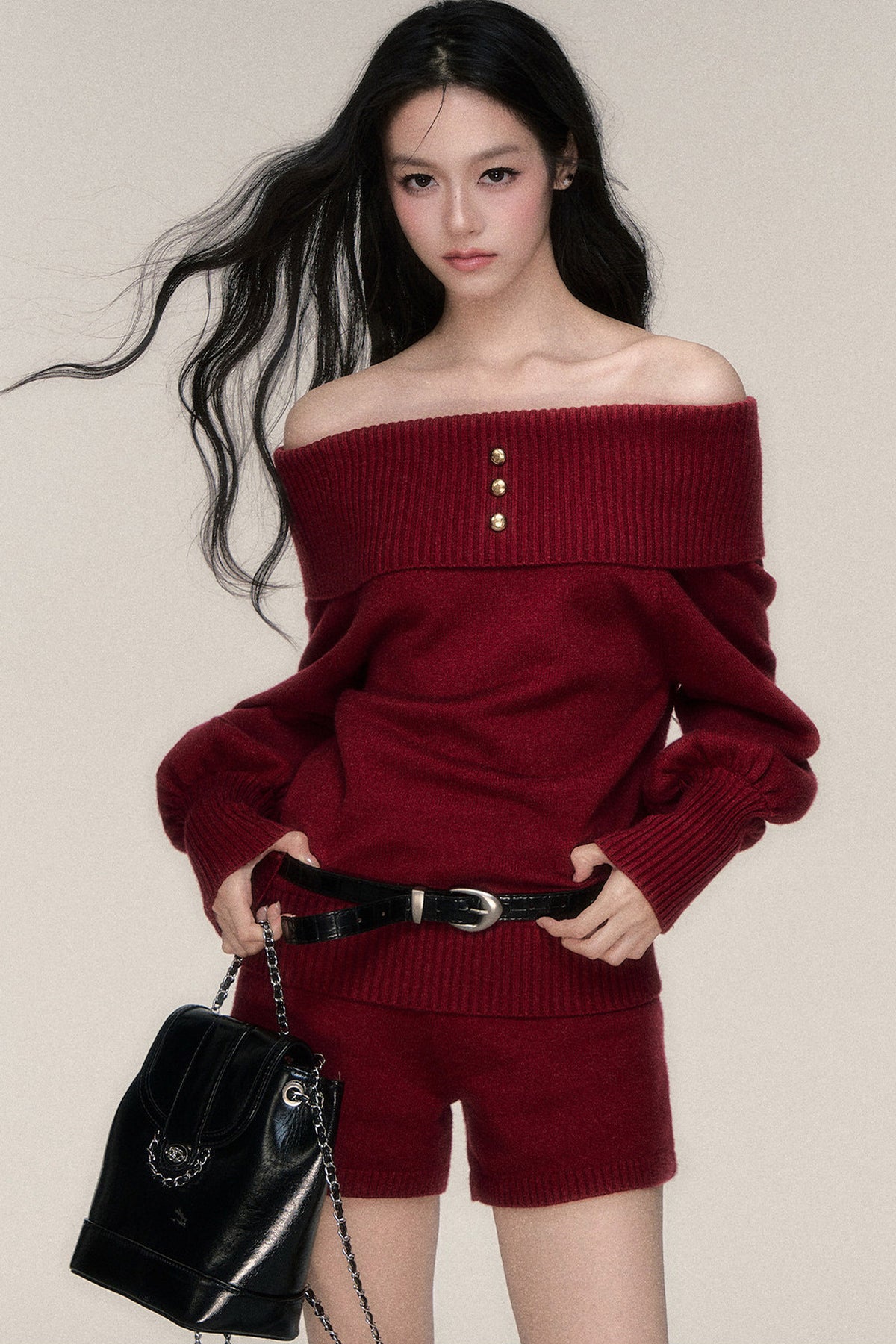 Red Off-Shoulder Knit Sweater and Shorts Set-Up