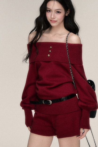 Red Off-Shoulder Knit Sweater and Shorts Set-Up