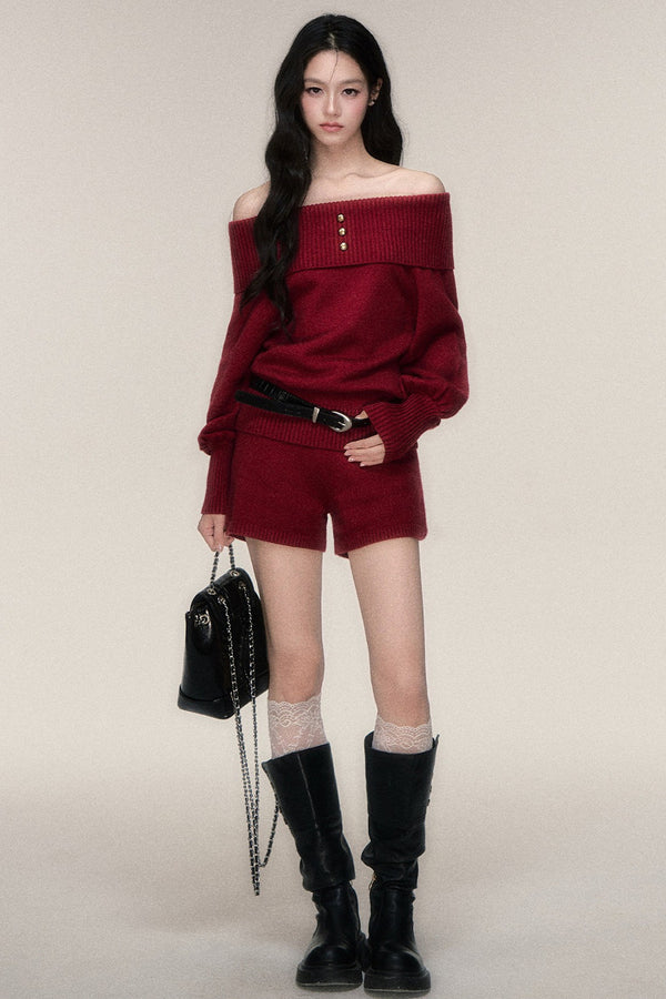 Red Off-Shoulder Knit Sweater and Shorts Set-Up