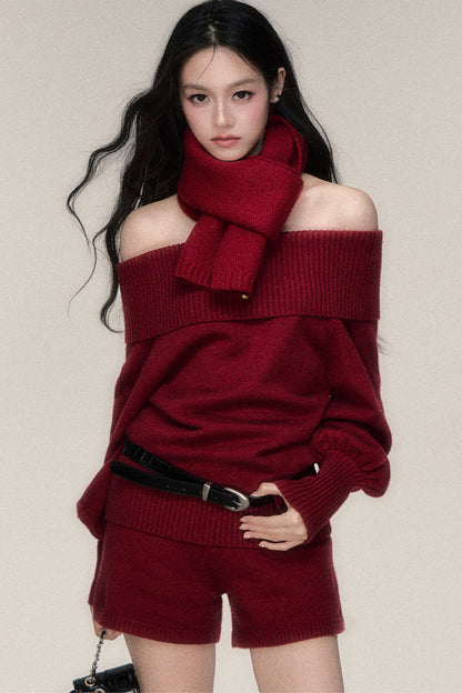 Red Off-Shoulder Knit Sweater and Shorts Set-Up
