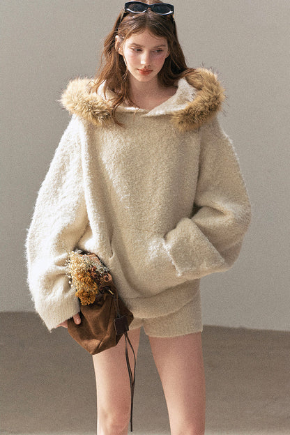 Hooded Wool Knit Top And Shorts Set-Up