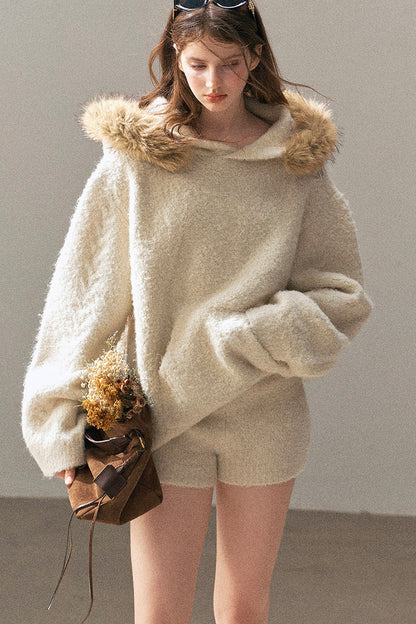 Hooded Wool Knit Top And Shorts Set-Up
