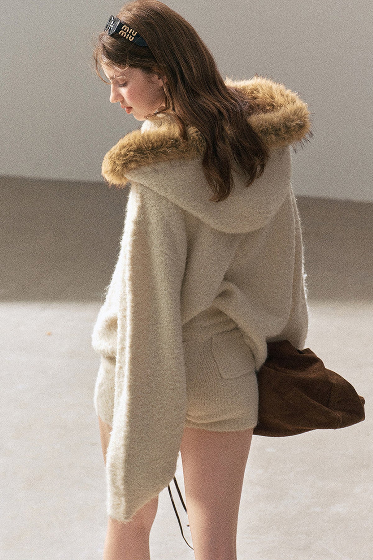 Hooded Wool Knit Top And Shorts Set-Up