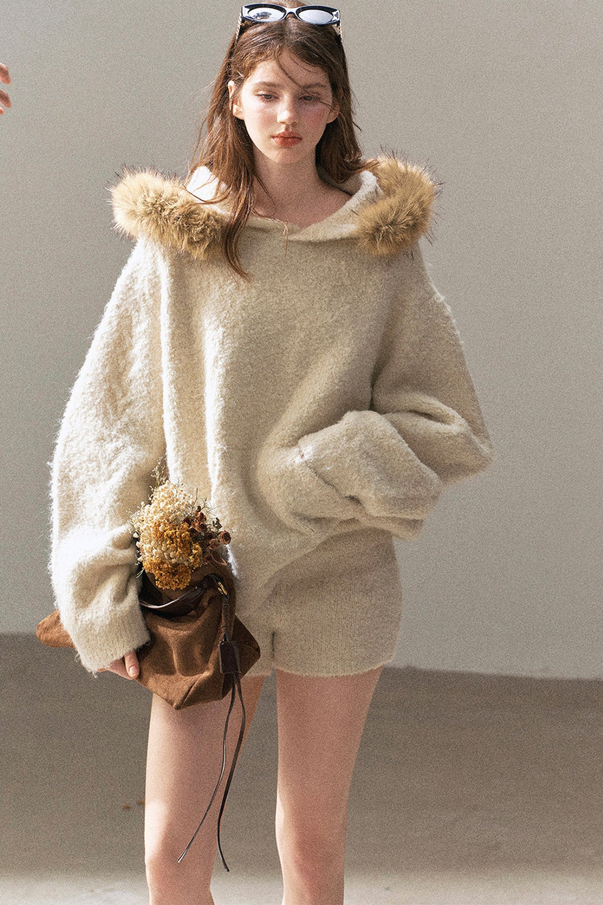 Hooded Wool Knit Top And Shorts Set-Up