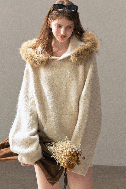 Hooded Wool Knit Top And Shorts Set-Up