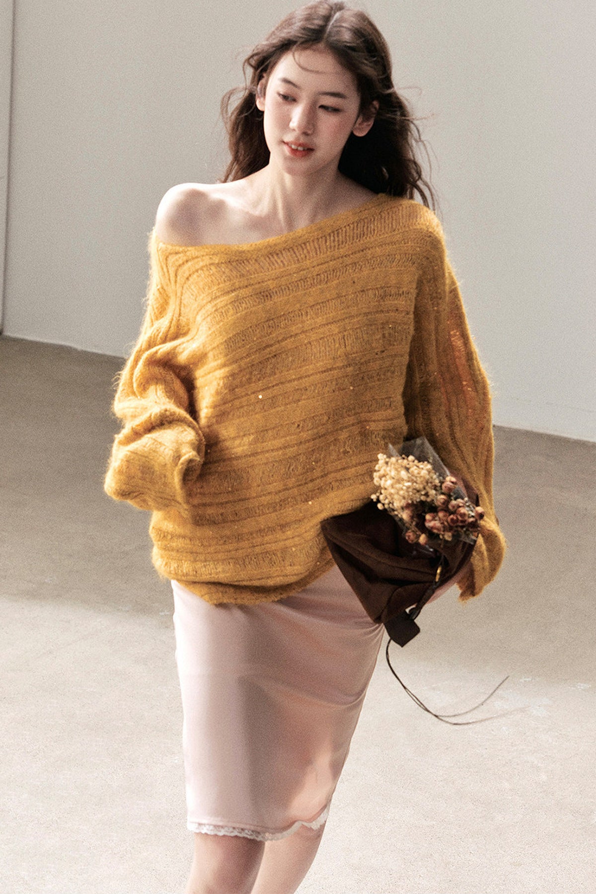 Apricot Rain's Dusk Off-Shoulder Wool Sweater
