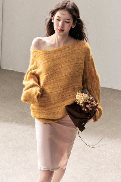 Apricot Rain's Dusk Off-Shoulder Wool Sweater