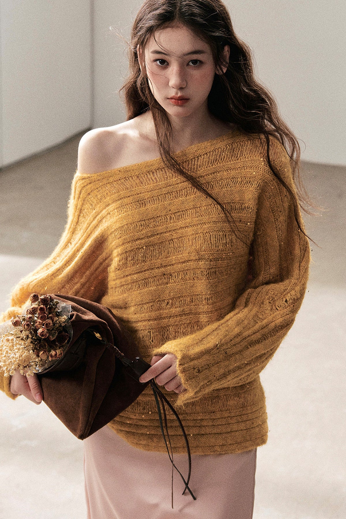 Apricot Rain's Dusk Off-Shoulder Wool Sweater