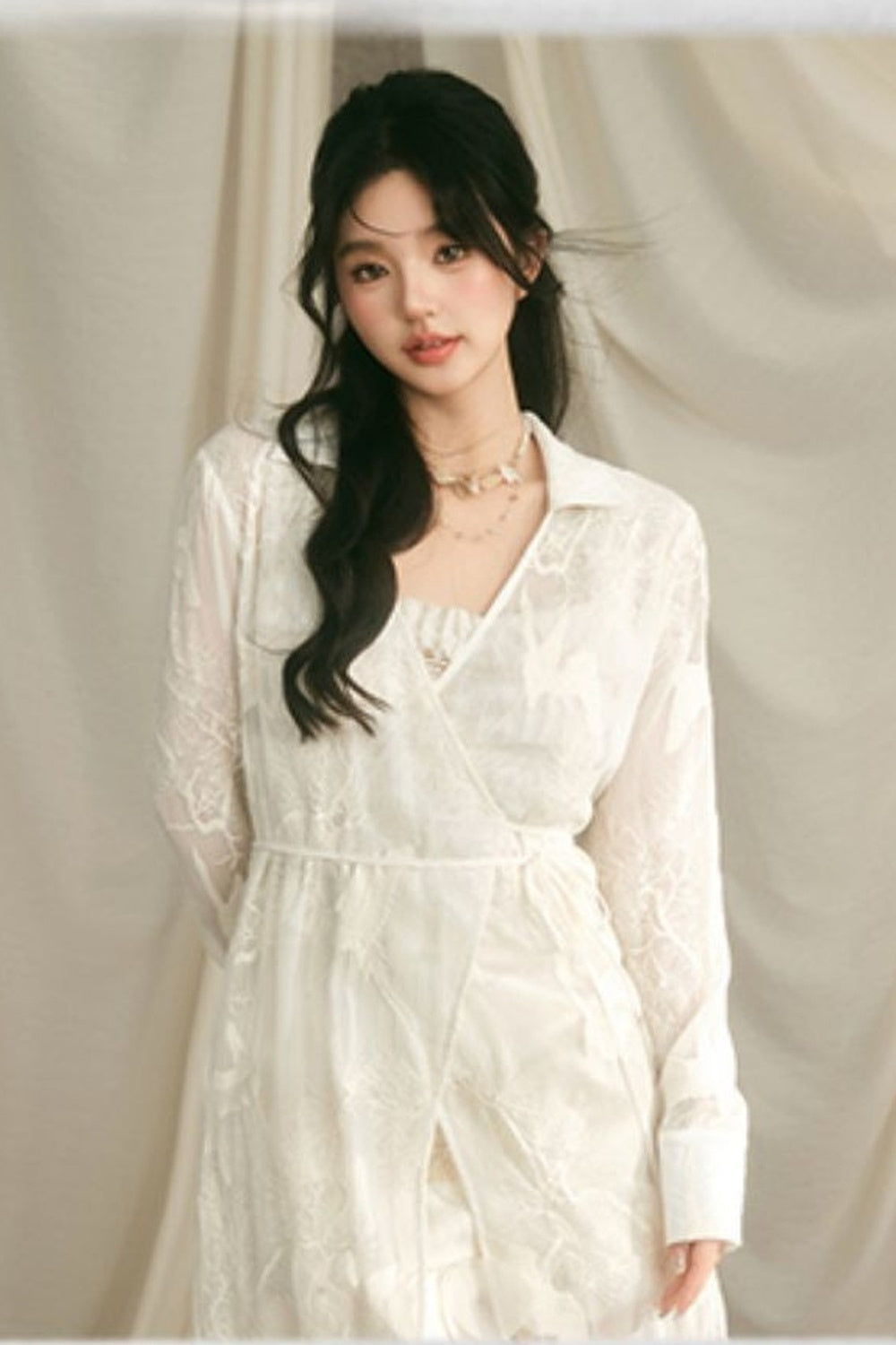 Crane Embroidery Waist-Tie Top