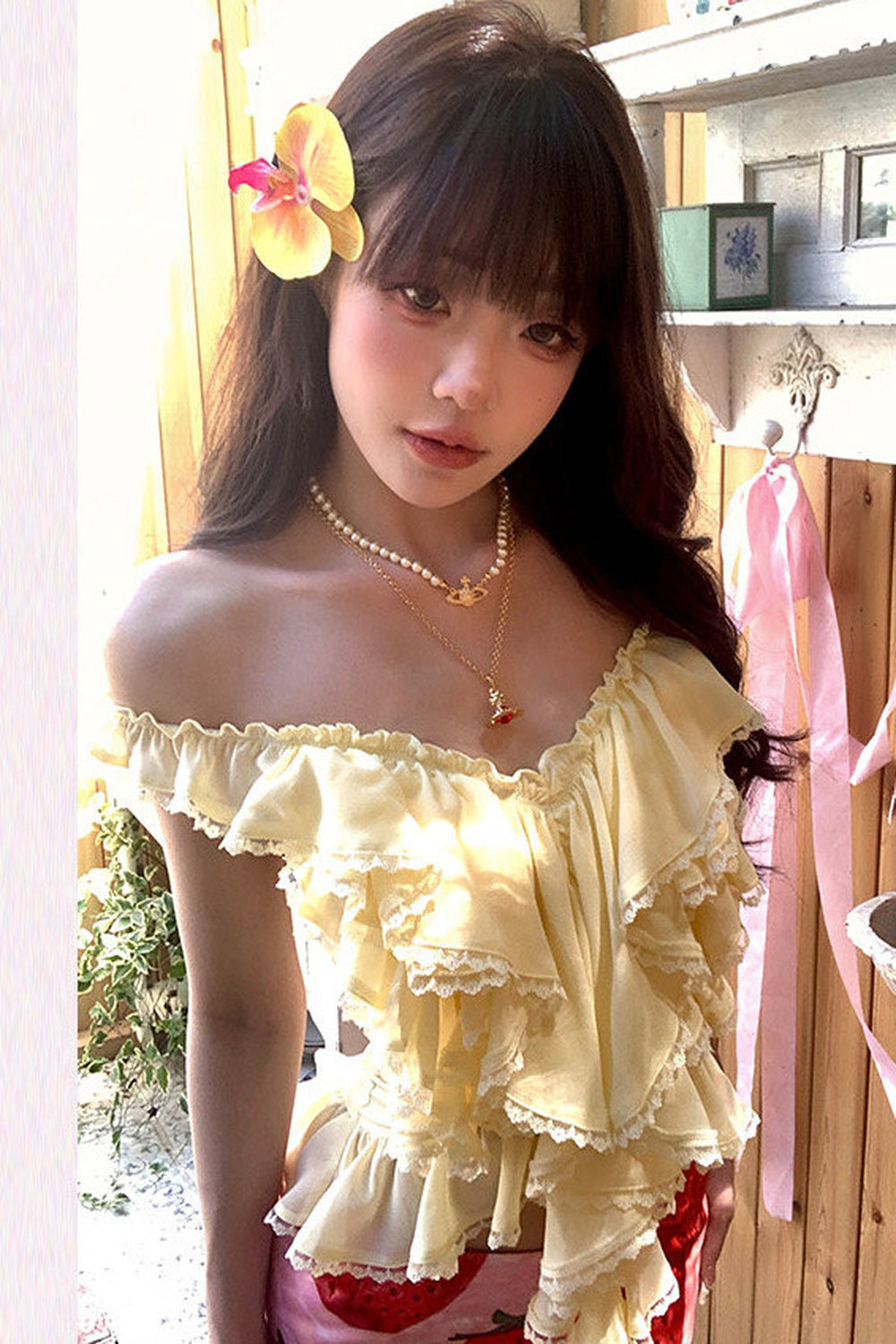 Yellow Ruffle Halter Top and Strawberry Skirt Set-Up