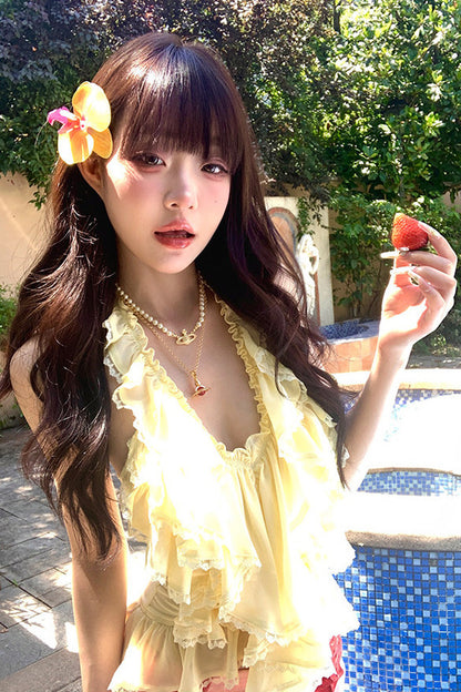 Yellow Ruffle Halter Top and Strawberry Skirt Set-Up