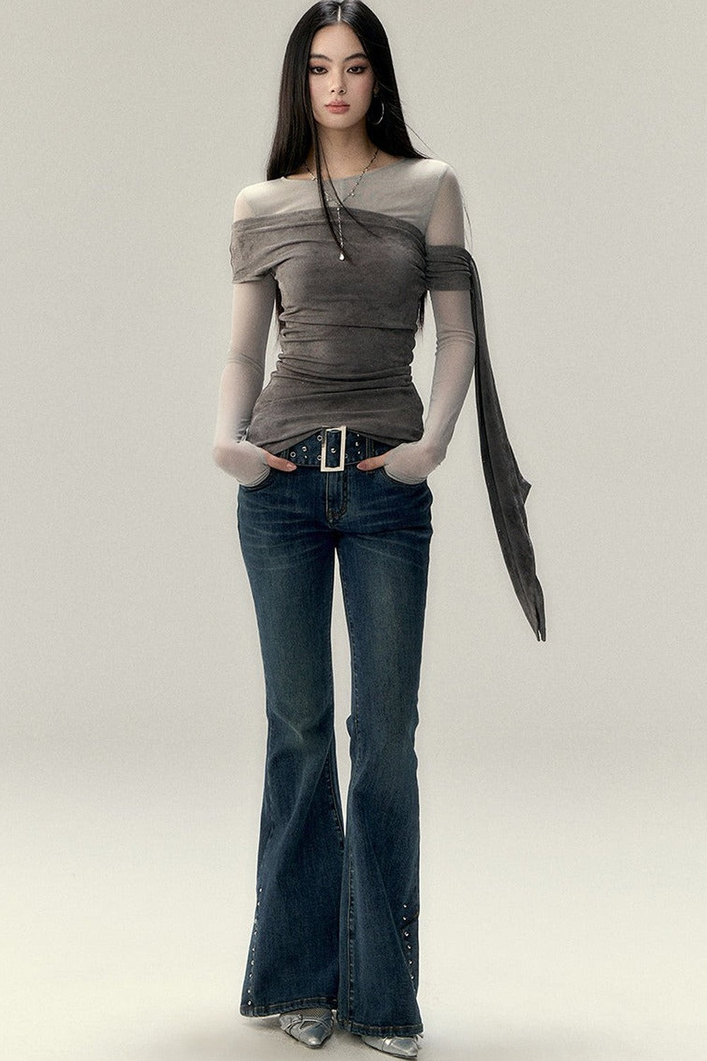 Asymmetrical Off-Shoulder Washed Shirt Set-Up