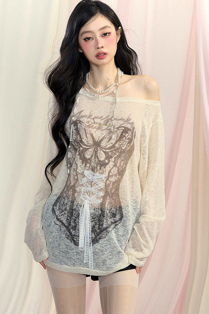 Long-Sleeved Off-Shoulder T-Shirt