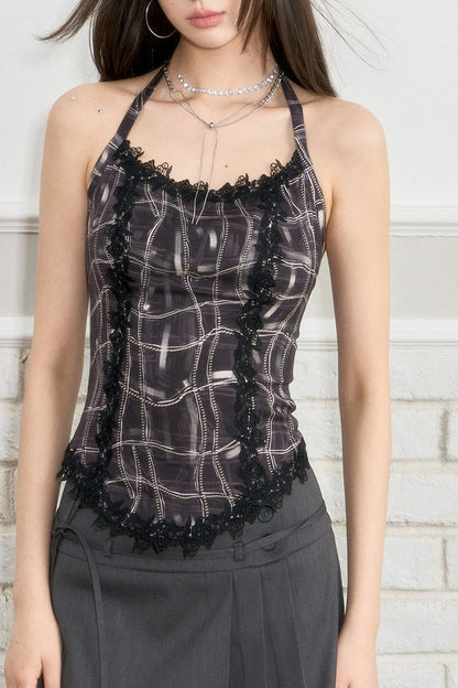 Heavy Lace Patchwork Halter Tank Top