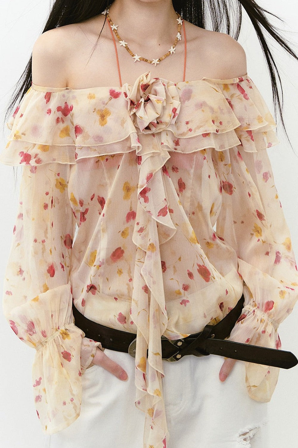 Elegant Floral Off-Shoulder Chiffon Top Set-Up