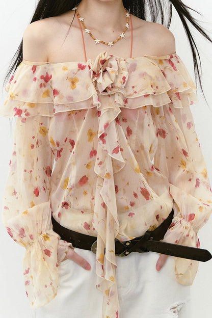 Elegant Floral Off-Shoulder Chiffon Top Set-Up