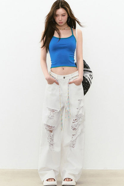 Rhinestone Ripped Denim Pants