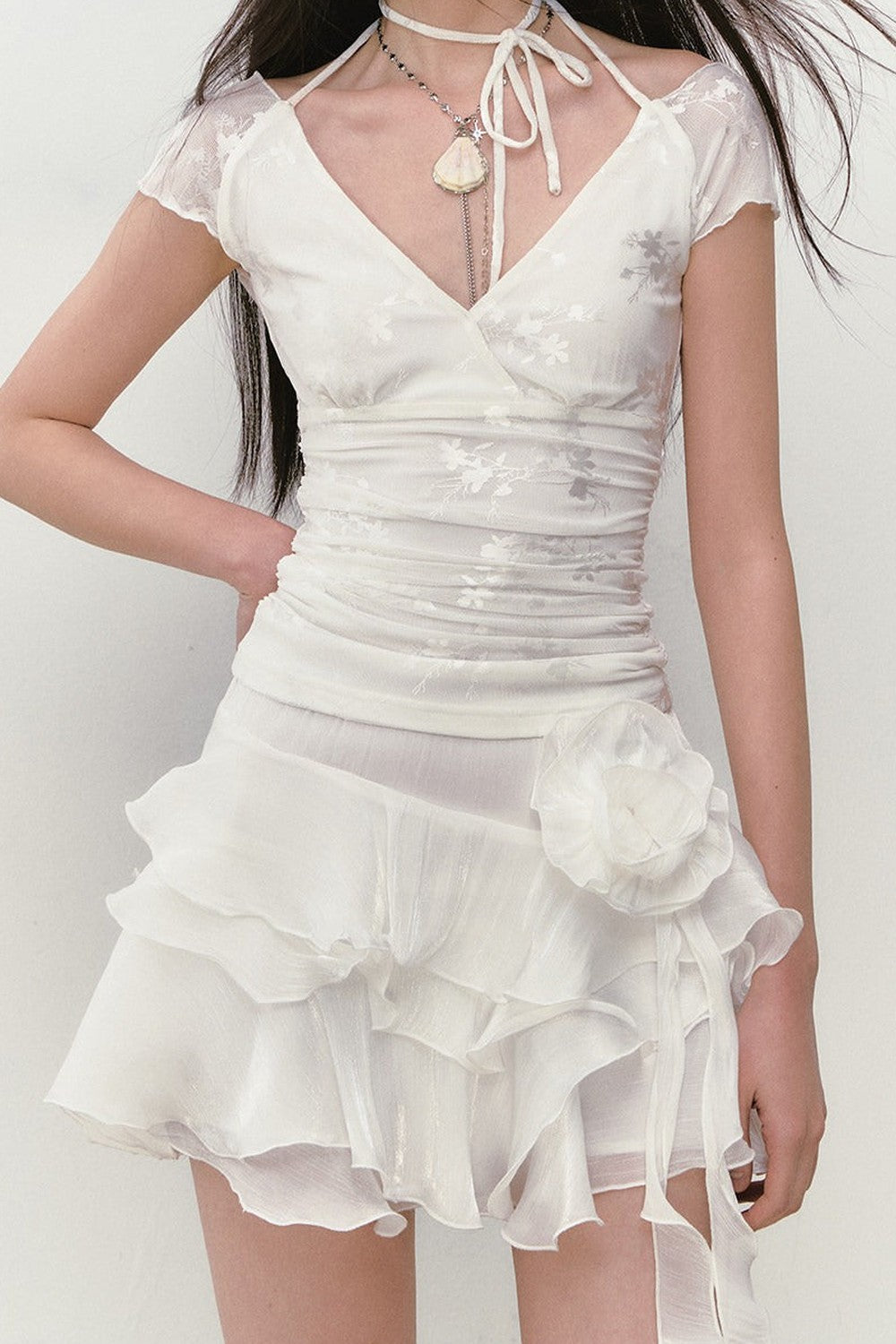 Viapitti Mesh Jacquard Lace Halter T-Shirt