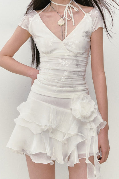 Viapitti Mesh Jacquard Lace Halter T-Shirt