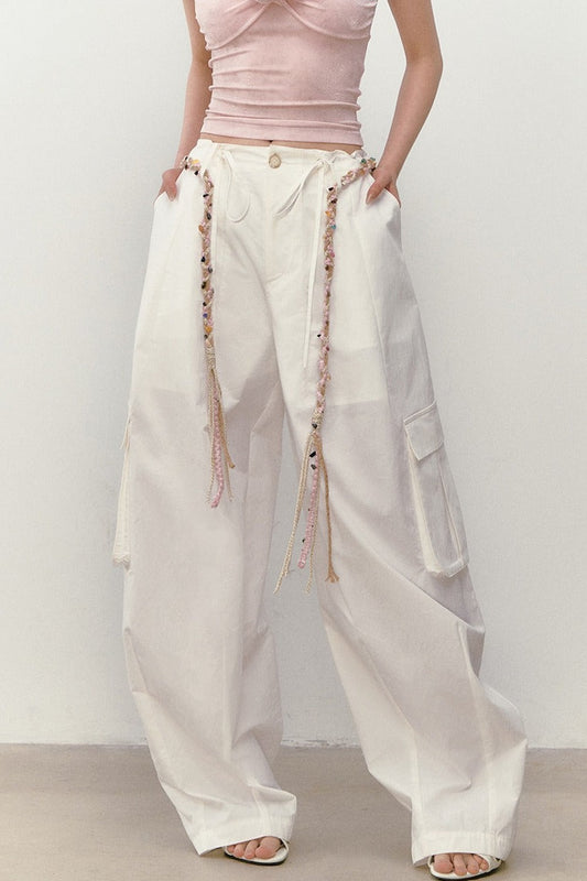 Wide-Leg Beaded Work Pants