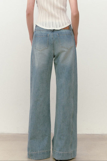 Rhinestone Double Waist Loose Straight Jeans