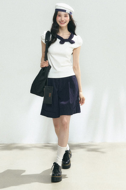 Navy Bow Puff Sleeve T-Shirt