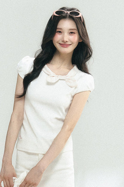 Navy Bow Puff Sleeve T-Shirt