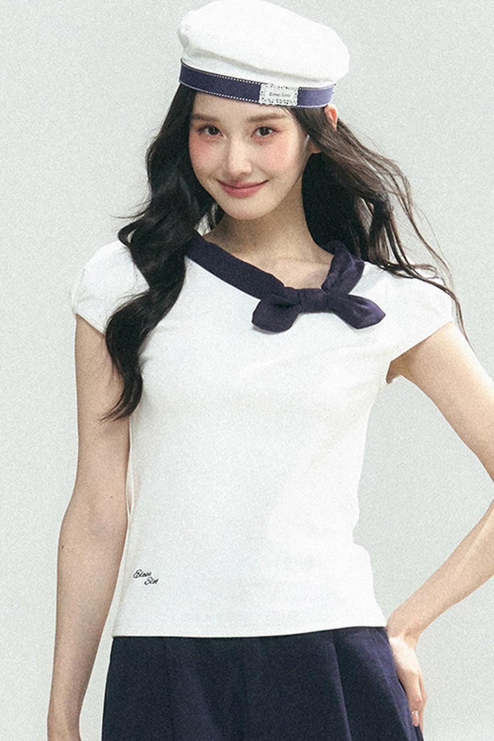 Navy Bow Puff Sleeve T-Shirt