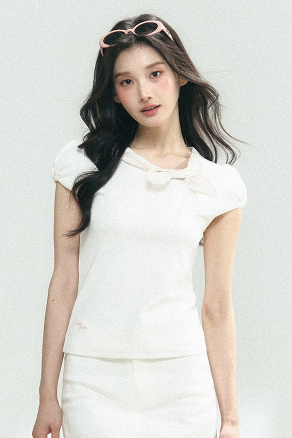 Navy Bow Puff Sleeve T-Shirt