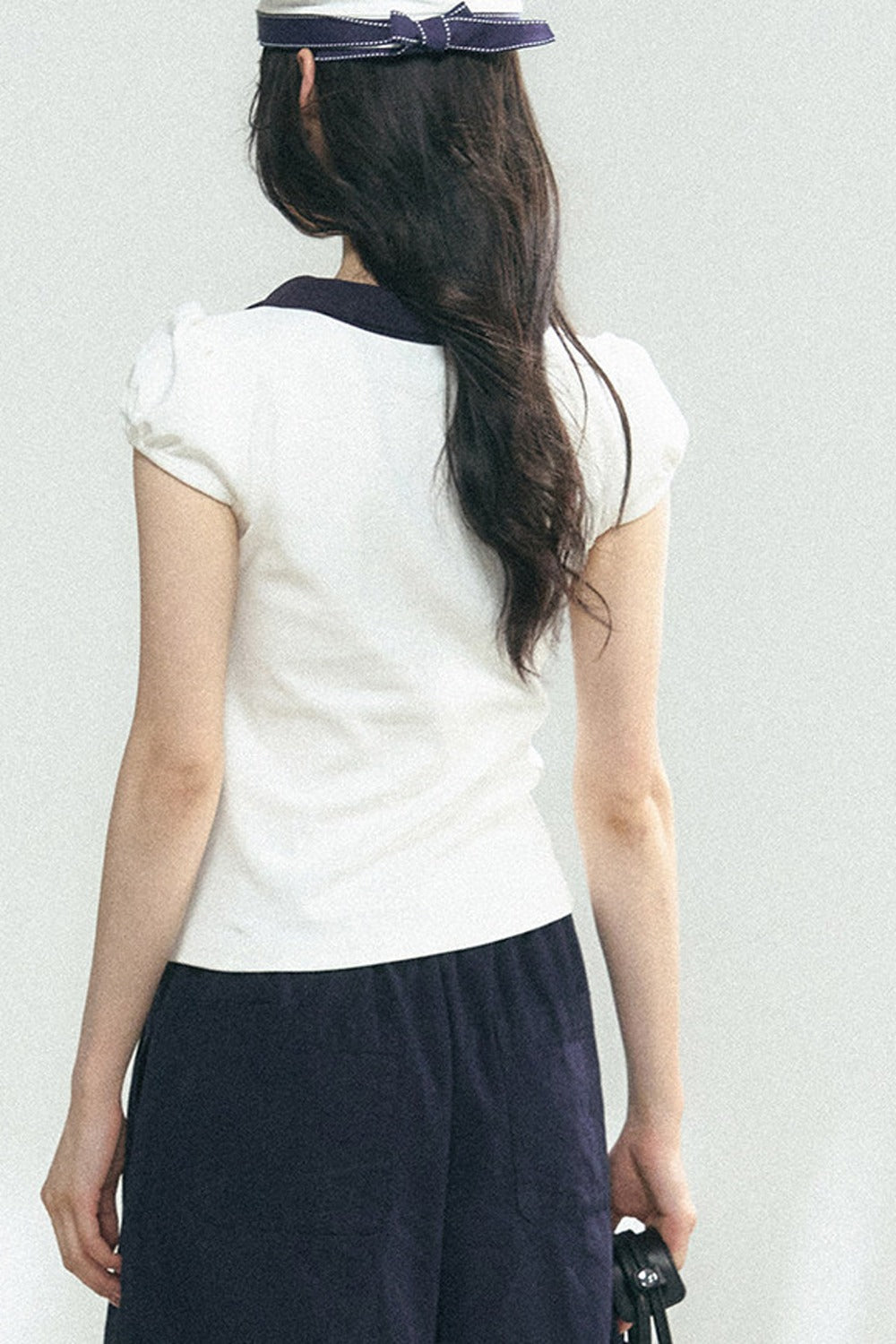 Navy Bow Puff Sleeve T-Shirt