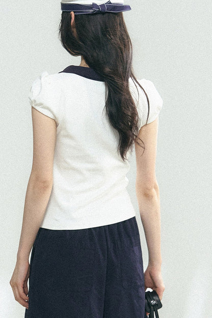 Navy Bow Puff Sleeve T-Shirt