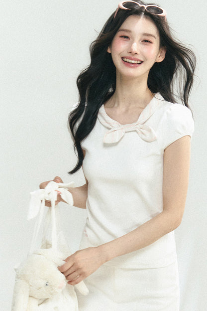 Navy Bow Puff Sleeve T-Shirt