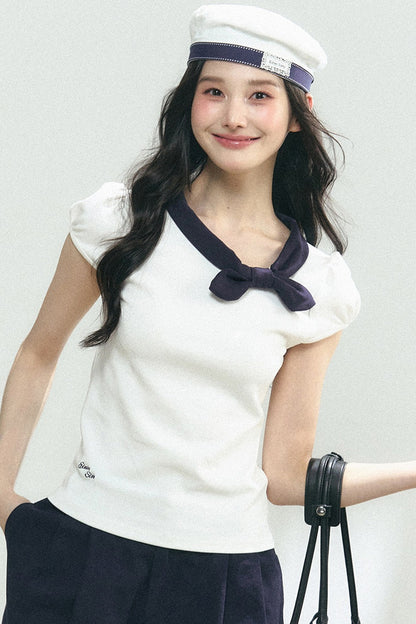 Navy Bow Puff Sleeve T-Shirt