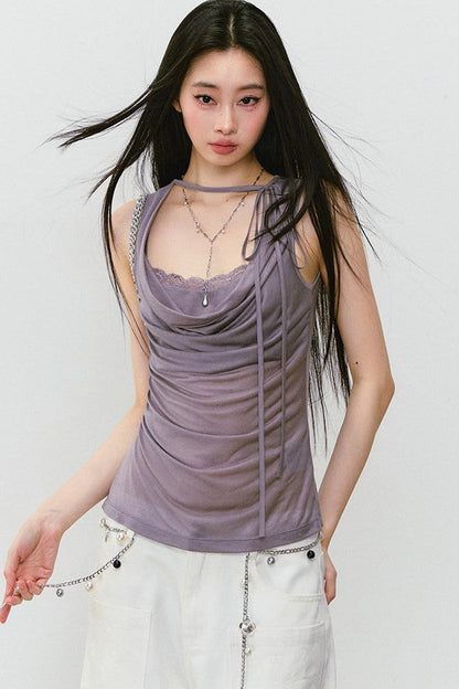 Lace Patchwork Lyocell Layered Camisole Top