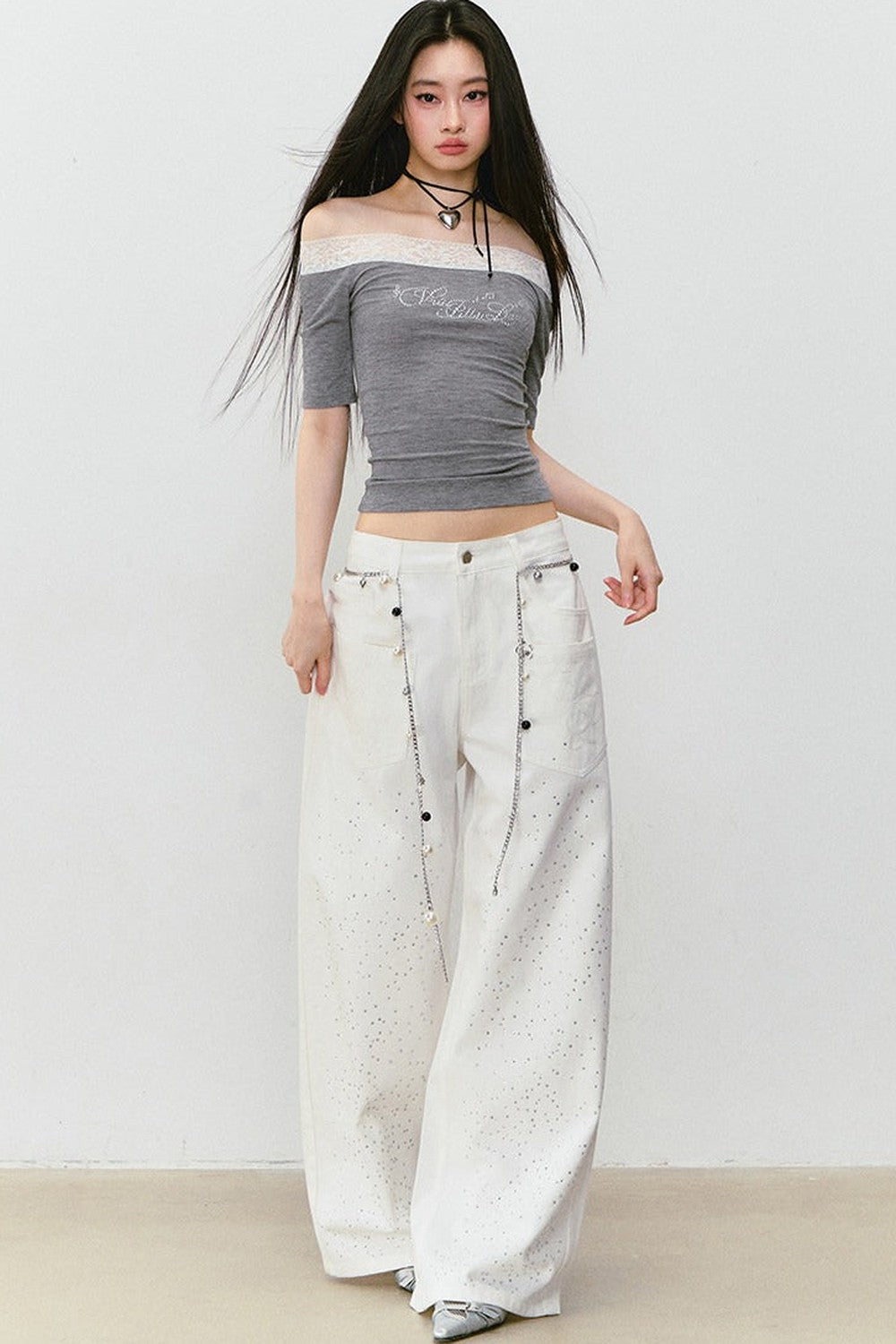 Vintage Rhinestone Wide-Leg Jeans