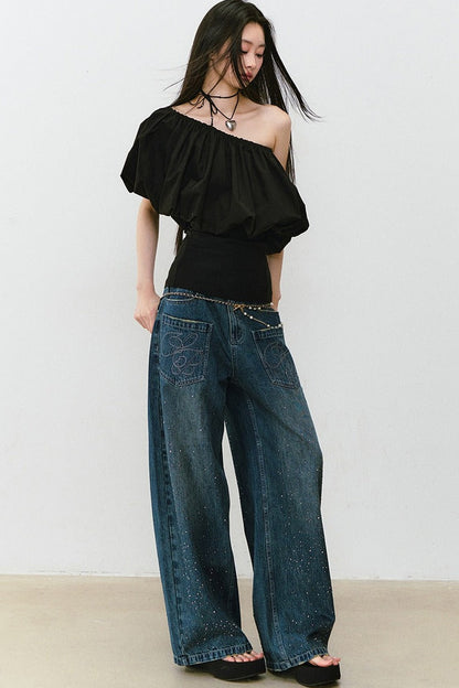 Vintage Rhinestone Wide-Leg Jeans