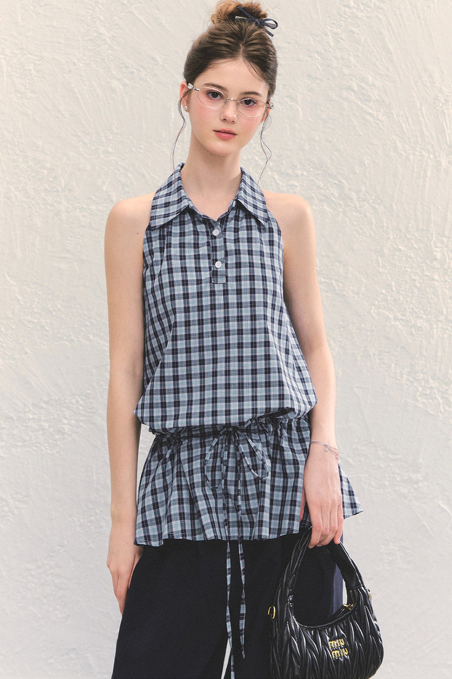 Plaid Sleeveless Halter Drawstring Top Set-Up