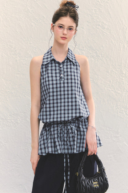 Plaid Sleeveless Halter Drawstring Top Set-Up