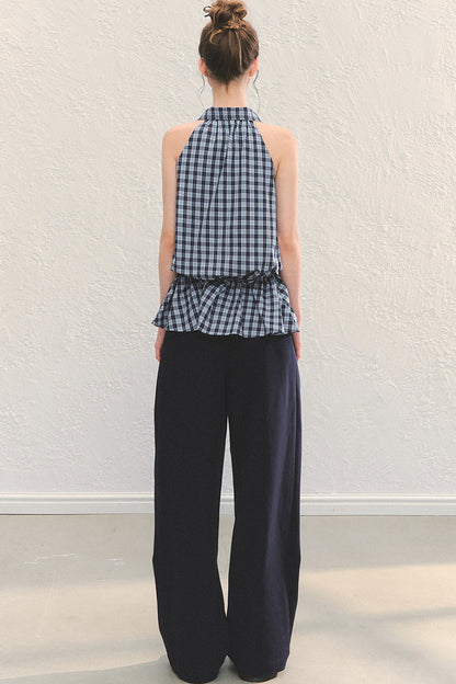 Plaid Sleeveless Halter Drawstring Top Set-Up