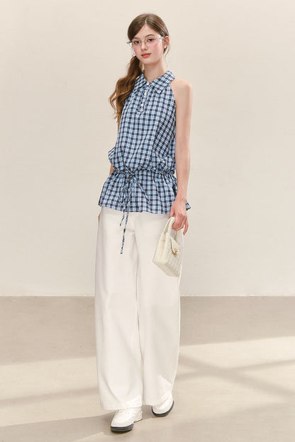Plaid Sleeveless Halter Drawstring Top Set-Up