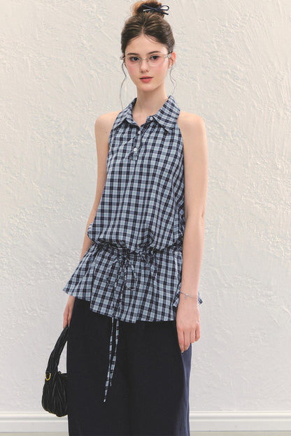 Plaid Sleeveless Halter Drawstring Top Set-Up
