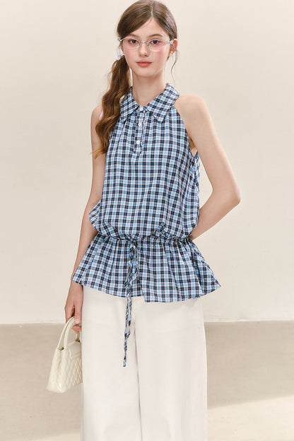 Plaid Sleeveless Halter Drawstring Top Set-Up