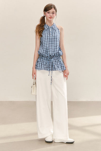 Plaid Sleeveless Halter Drawstring Top Set-Up