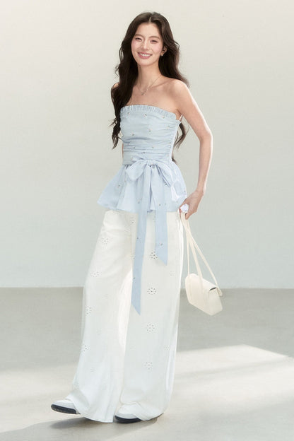 Ensemble haut tube épaules dénudées rayé doux et mignon avec pantalon