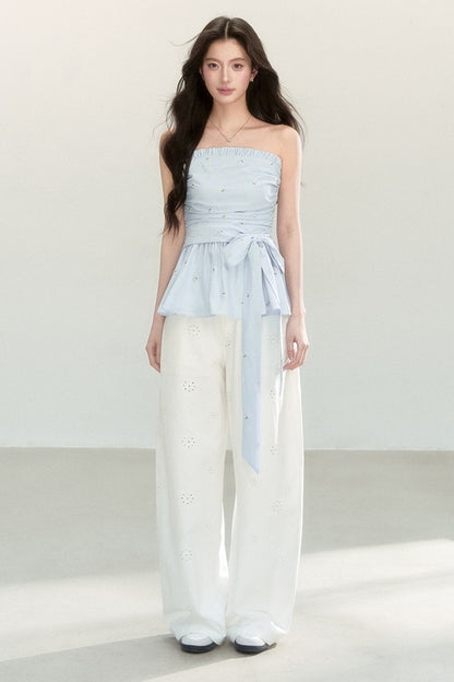 Ensemble haut tube épaules dénudées rayé doux et mignon avec pantalon