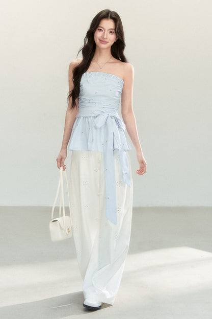 Ensemble haut tube épaules dénudées rayé doux et mignon avec pantalon