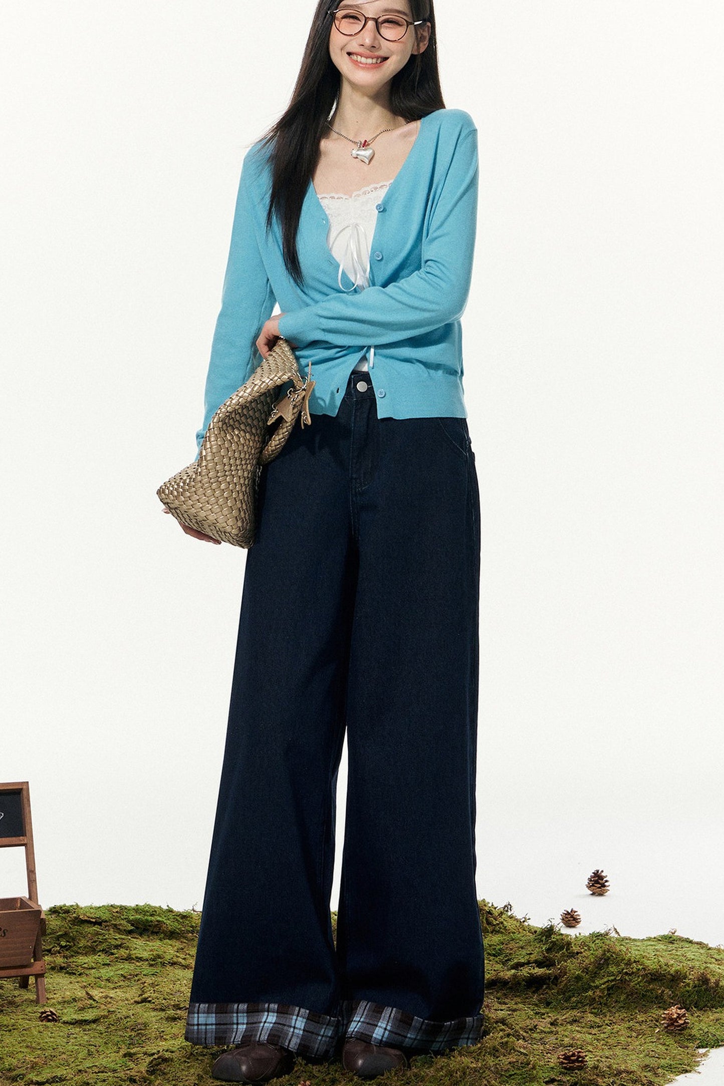 Plaid Wide-Leg Pants and Cardigan Set-Up