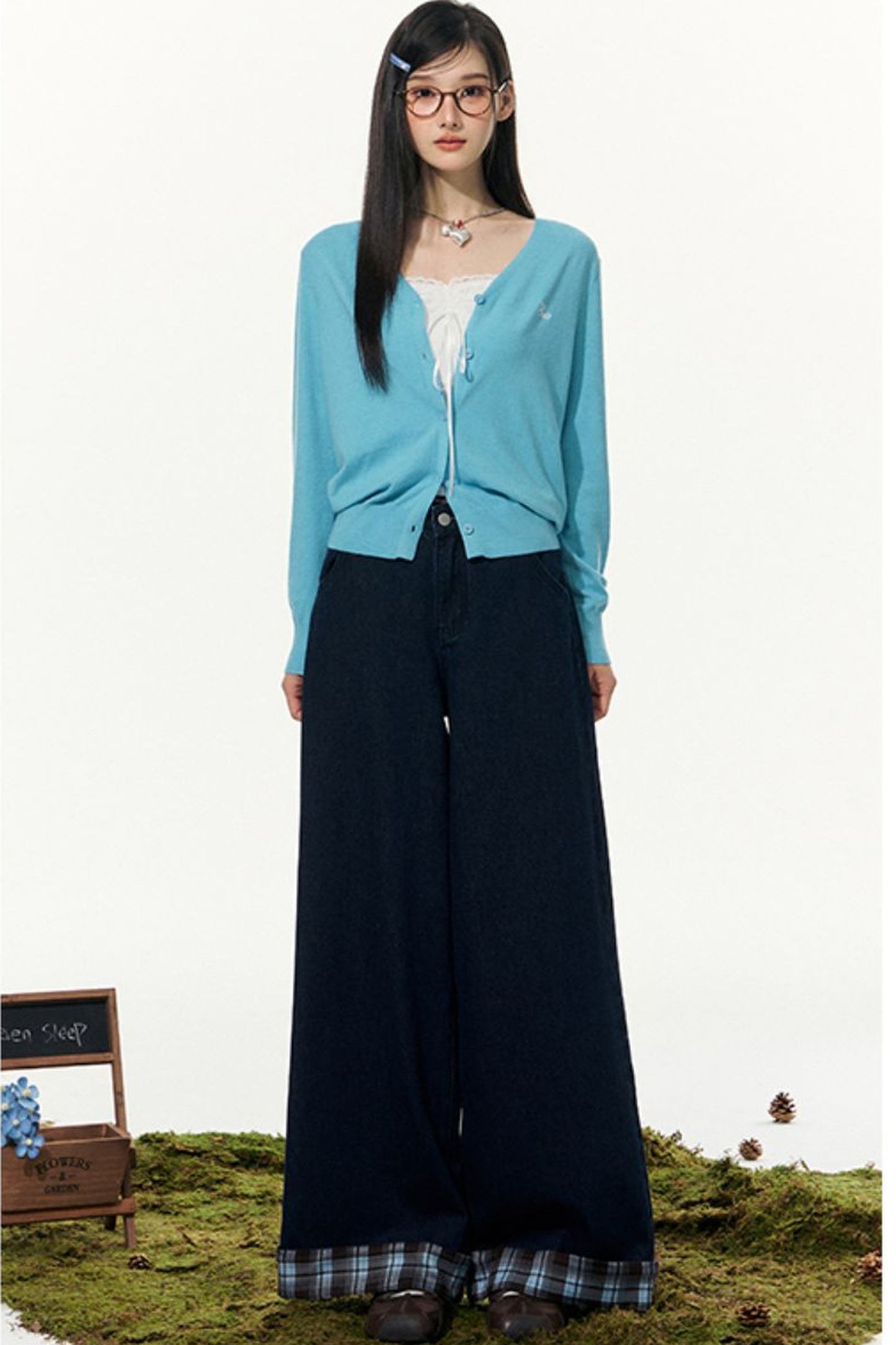 Plaid Wide-Leg Pants and Cardigan Set-Up