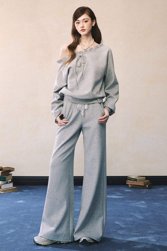 Gray Off-Shoulder Sweatshirt and Sweatpants Skirt Set-Up
