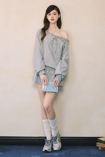 Gray Off-Shoulder Sweatshirt and Sweatpants Skirt Set-Up